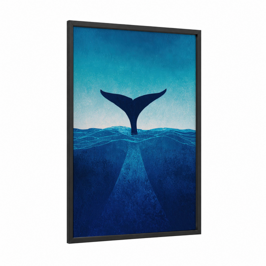 Deep Ocean Whale framed art print — black wood frame — blue and turquoise palette
