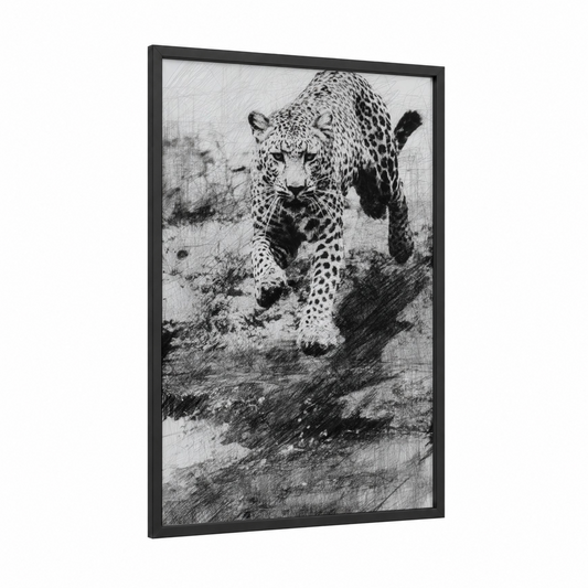 Prowling Leopard framed art print — black wood frame — black and white palette