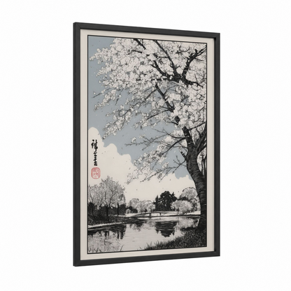Riverside Cherry Blossoms framed art print — black wood frame — black and white and gray palette