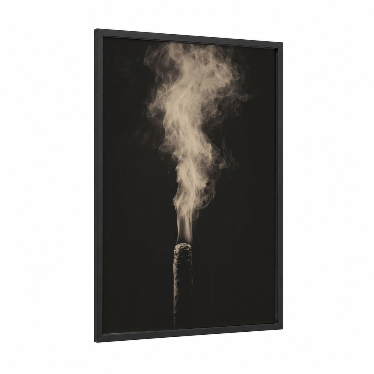 Smoldering Cigar framed cigars print — black wood frame — black and white and cream palette