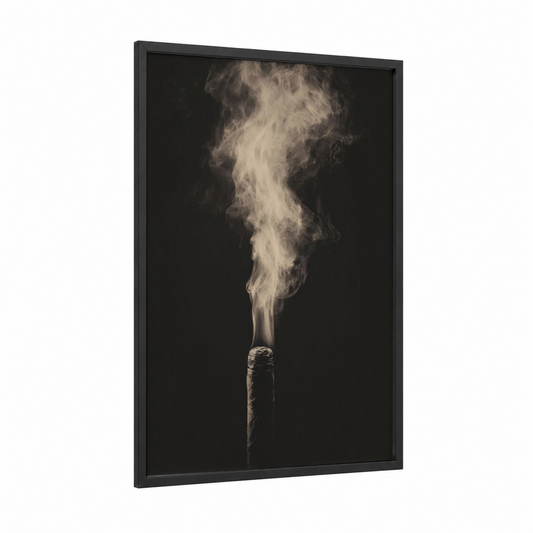 Smoldering Cigar framed cigars print — black wood frame — black and white and cream palette