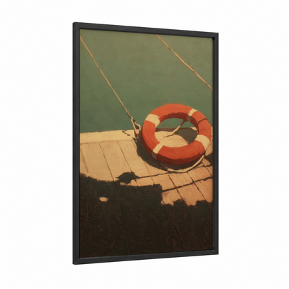 Dockside Life Ring framed art print — black wood frame — red and sage green palette