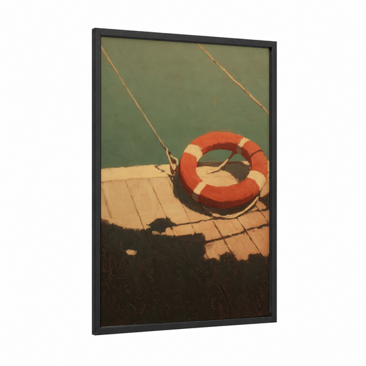 Dockside Life Ring framed art print — black wood frame — red and sage green palette