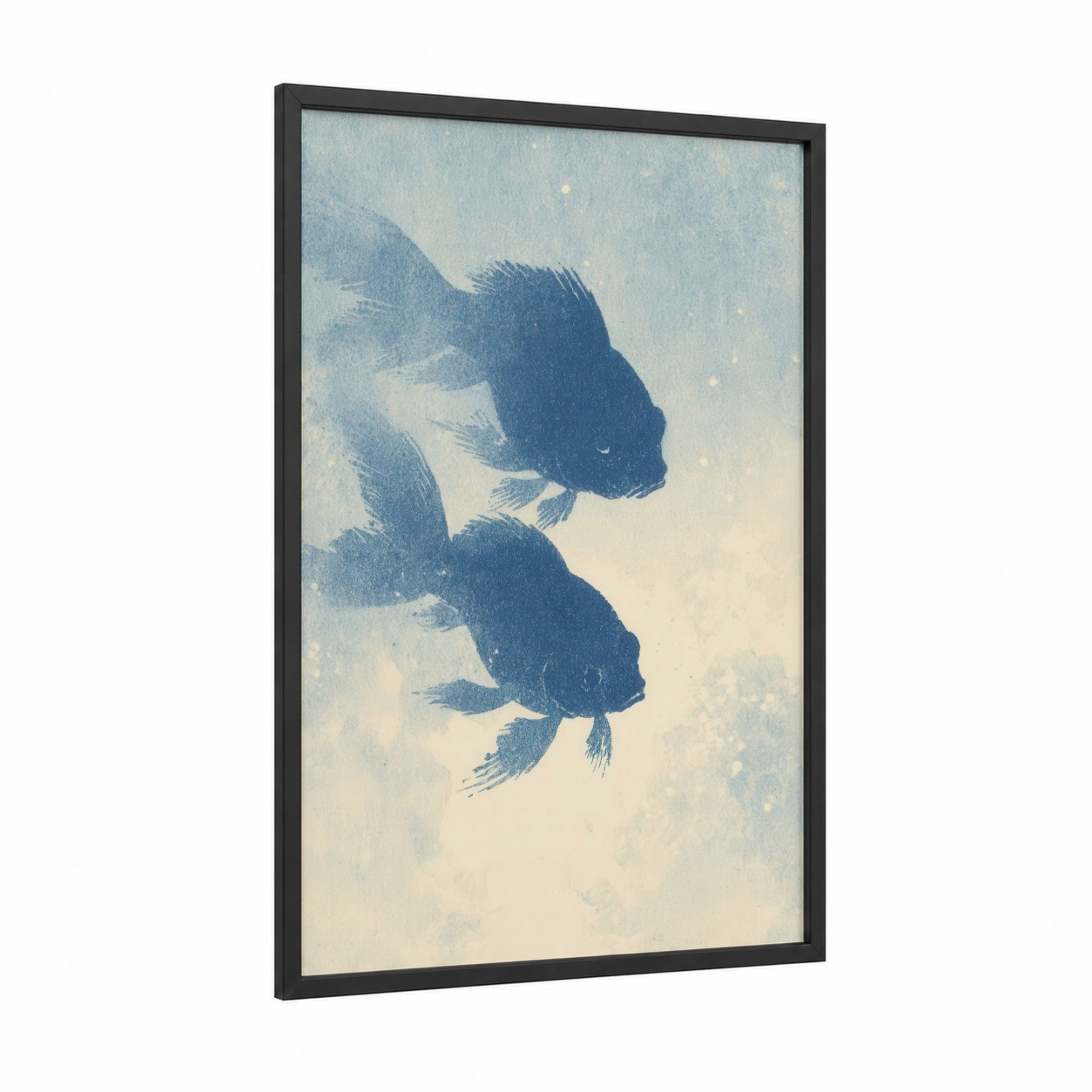 Celestial Pisces framed art print — black wood frame — blue and white and cream palette