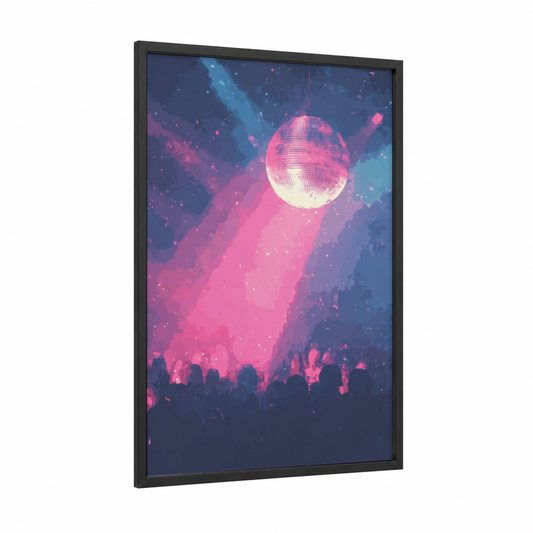 Neon Disco Ball framed art print — black wood frame — magenta and blue palette
