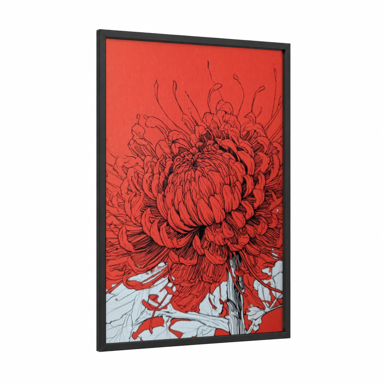 Crimson Chrysanthemum framed abstract flower print — black wood frame — red and black and white palette