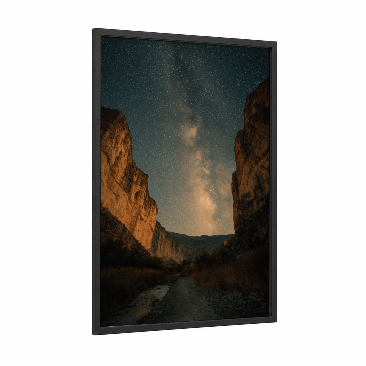 Starlit Canyon framed art print — black wood frame — dark blue and russet palette