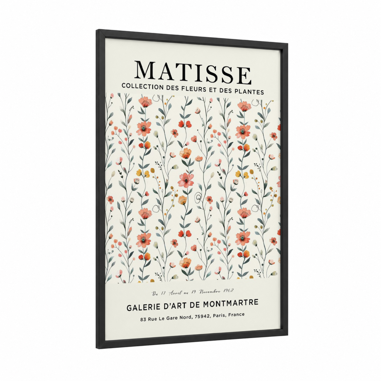 Matisse Botanicals framed abstract flower print — black wood frame — peach and gold palette
