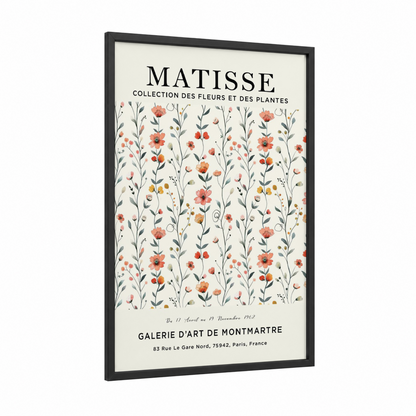 Matisse Botanicals framed abstract flower print — black wood frame — peach and gold palette