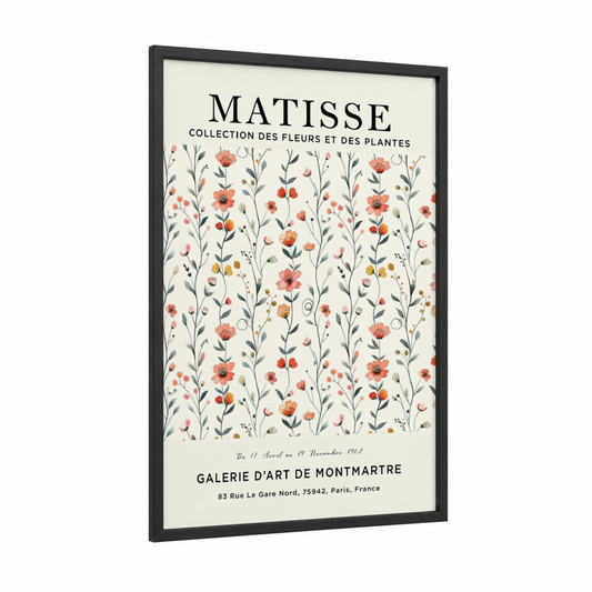 Matisse Botanicals framed abstract flower print — black wood frame — peach and gold palette