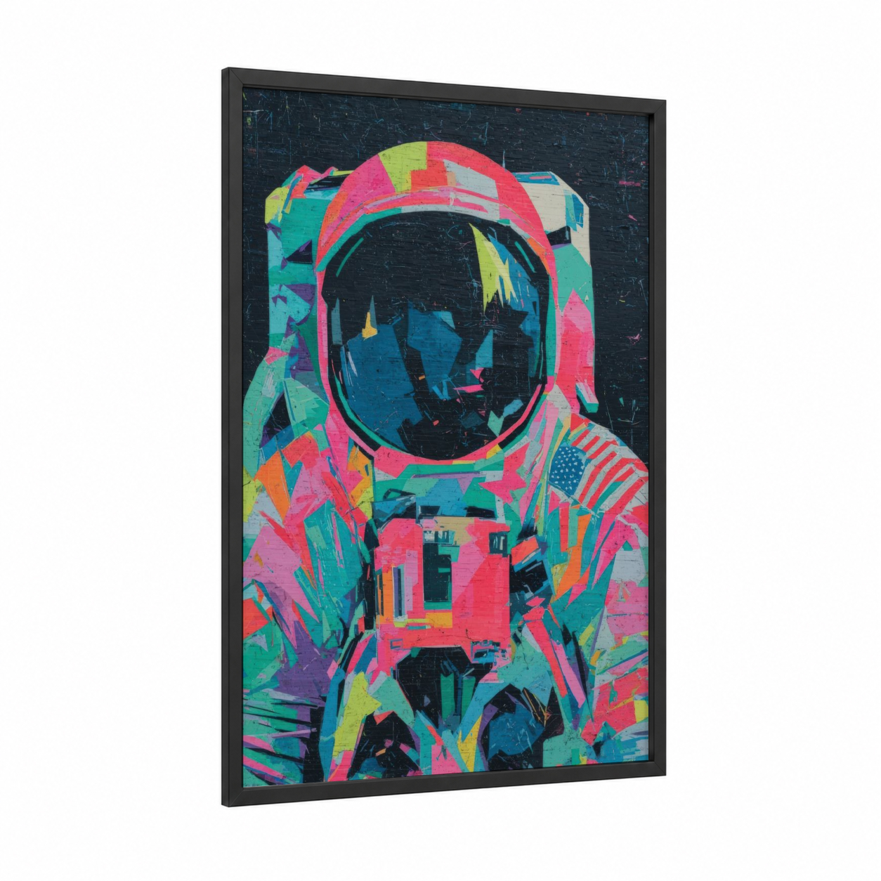 Neon Astronaut framed art print — black wood frame — magenta and blue palette