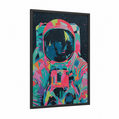 Neon Astronaut framed art print — black wood frame — magenta and blue palette