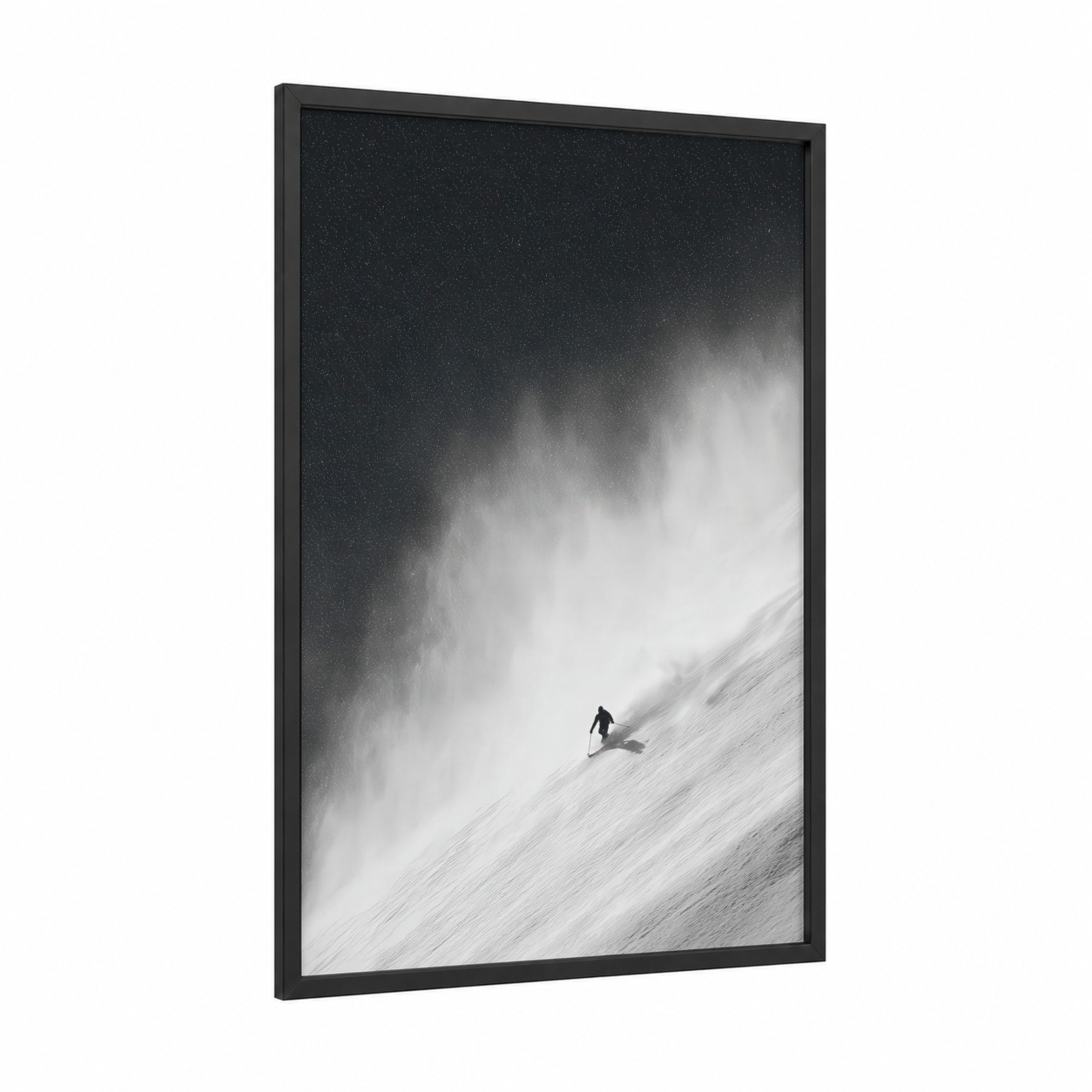 Midnight Descent framed snowboarding print — black wood frame — black and white palette
