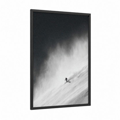 Midnight Descent framed snowboarding print — black wood frame — black and white palette