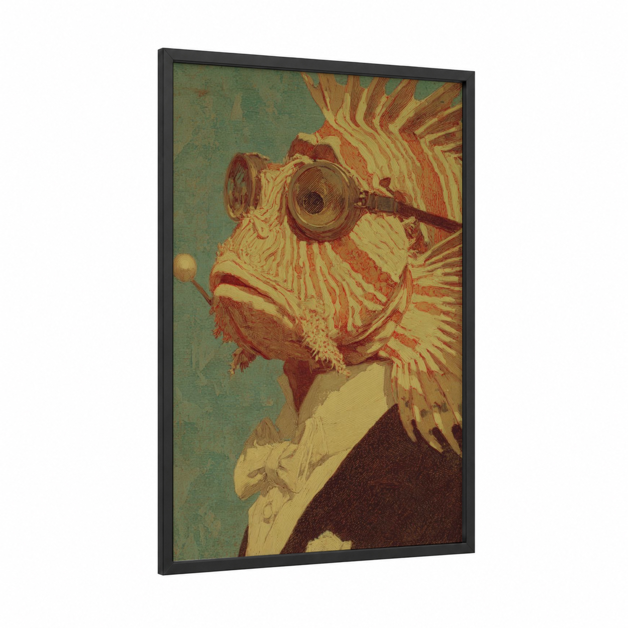 Steampunk Lionfish framed art print — black wood frame — gold and teal palette