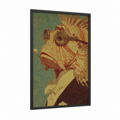 Steampunk Lionfish framed art print — black wood frame — gold and teal palette
