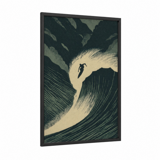 Wave Rider framed surfing print — black wood frame — black and white and cream palette