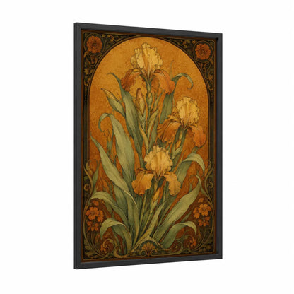 Golden Iris Art Deco Wall Art framed art print — black wood frame — gold and orange palette