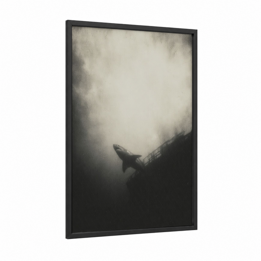 Shipwreck Shark framed bull shark print — black wood frame — black and white and gray palette