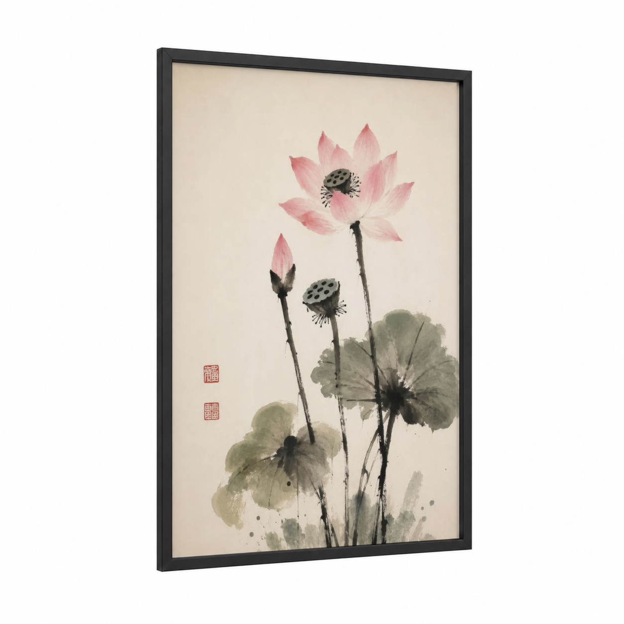 Lotus Flower Botanical Wall Art framed art print — black wood frame — pink and sage green palette
