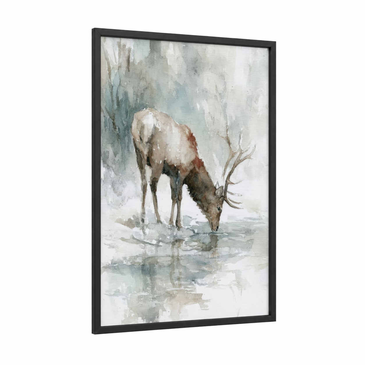 Winter Elk Drinking framed art print — black wood frame — gray and white and blue and white palette