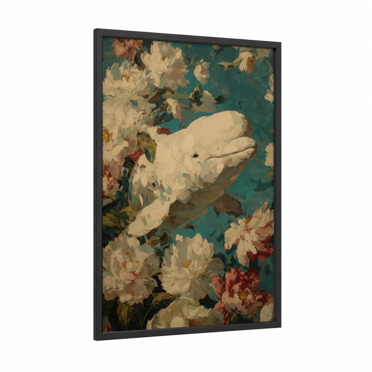 Beluga Among Blooms framed beluga whale print — black wood frame — teal and cream palette