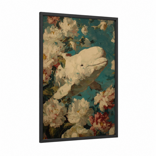 Beluga Among Blooms framed beluga whale print — black wood frame — teal and cream palette