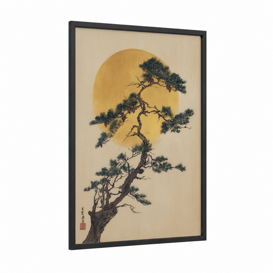 Golden Moon Cedar framed cedar tree print — black wood frame — gold and black and white palette