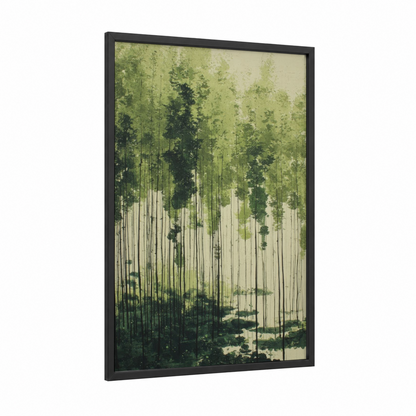 Misty Pine Forest framed forest trees print — black wood frame — light green and cream palette