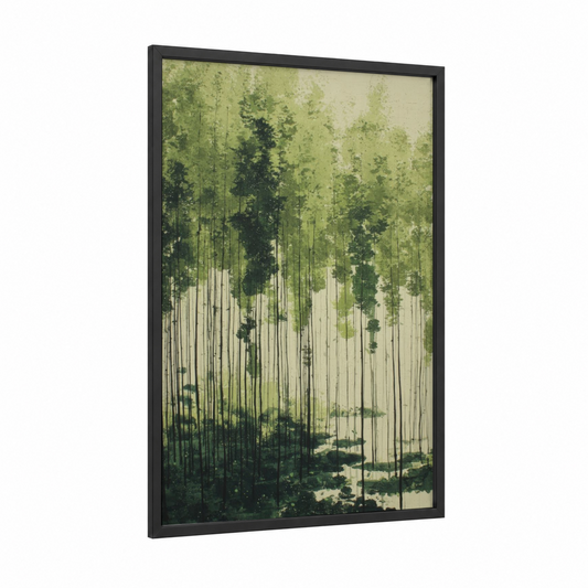 Misty Pine Forest framed forest trees print — black wood frame — light green and cream palette