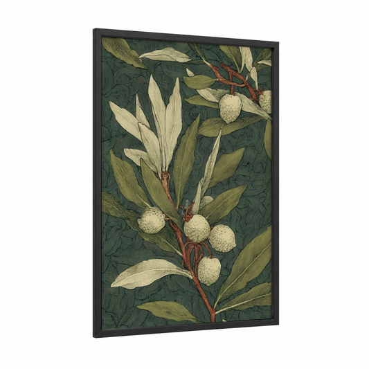 Ivory Olive Branch framed olive tree print — black wood frame — dark green and cream palette