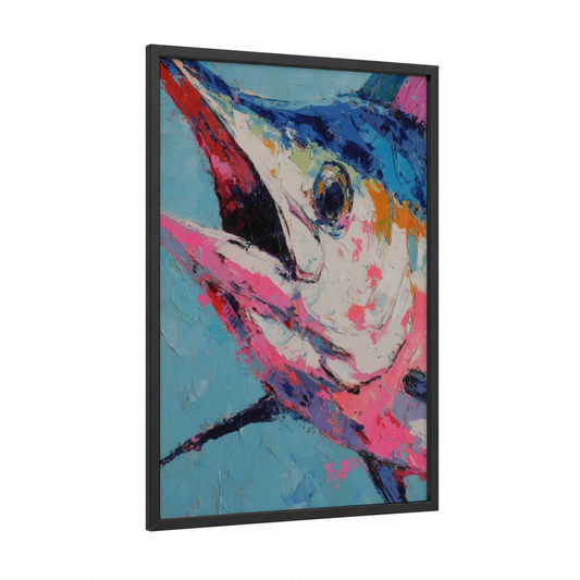 Colorful Blue Marlin framed art print — black wood frame — blue and magenta palette