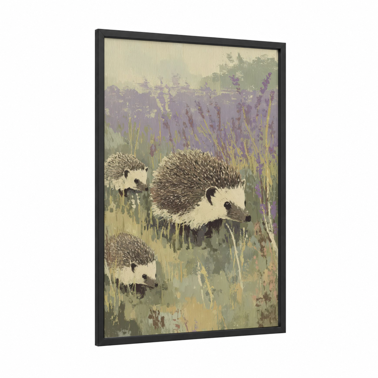 Lavender Hedgehogs framed art print — black wood frame — lavender and sage green palette