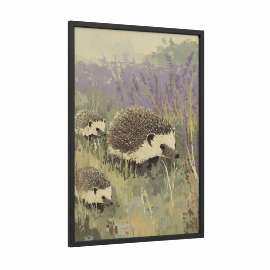 Lavender Hedgehogs framed art print — black wood frame — lavender and sage green palette