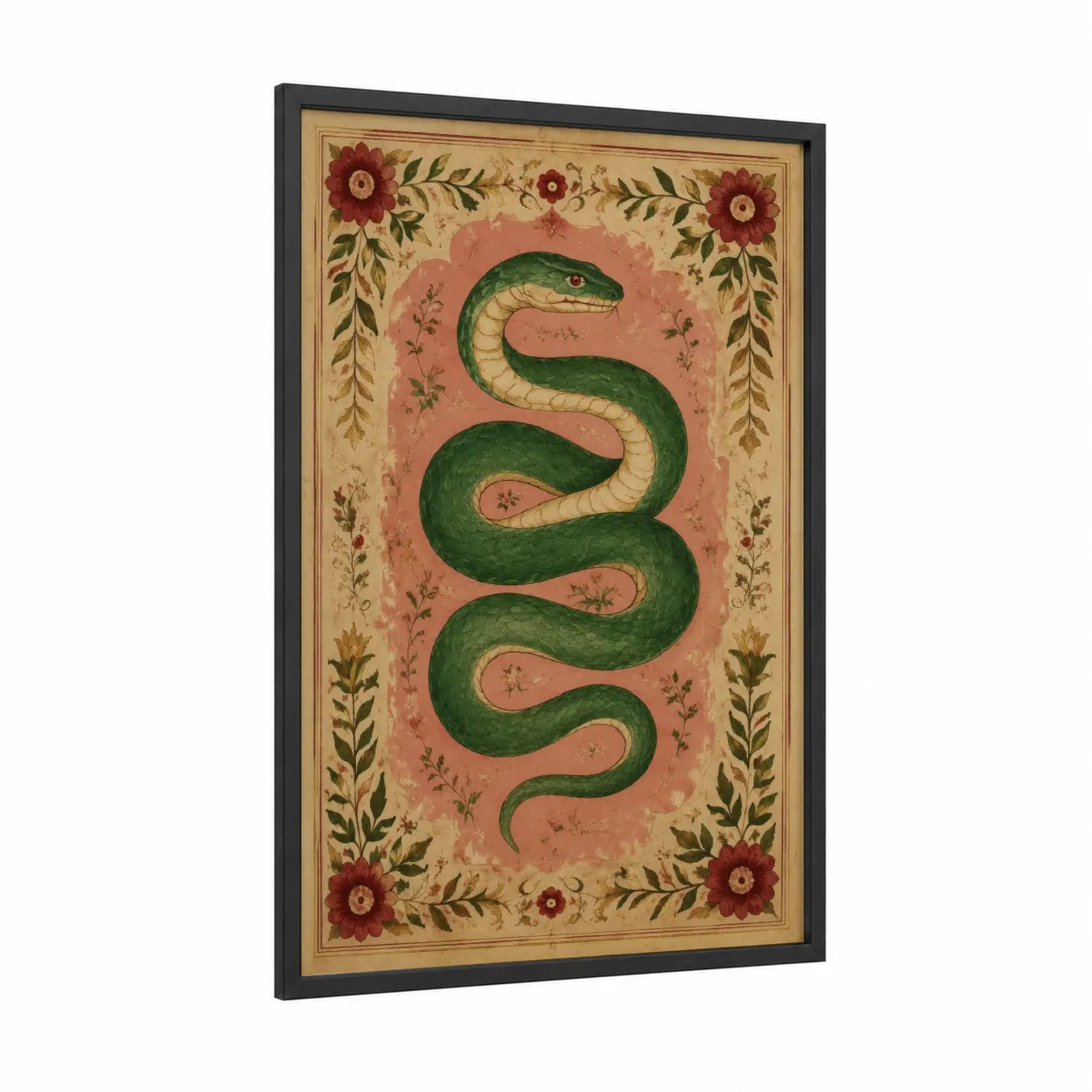 Vintage Serpent Floral Border Wall Art framed snake print — black wood frame — green and peach palette