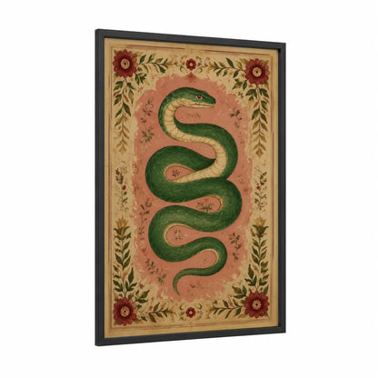 Vintage Serpent Floral Border Wall Art framed snake print — black wood frame — green and peach palette