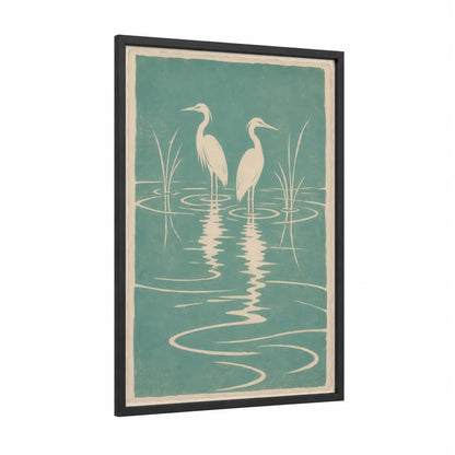 Herons in Tranquil Water Wall Art framed art print — black wood frame — teal and cream palette