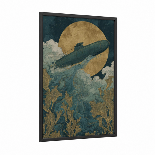 Moonlit Submarine framed art print — black wood frame — teal and gold palette