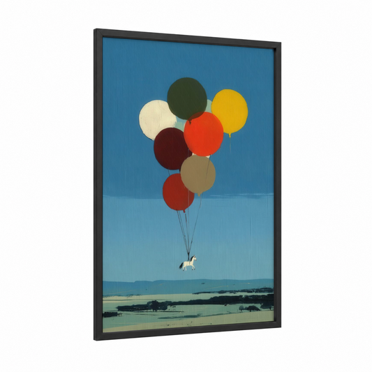Floating Miniature Horse framed art print — black wood frame — blue and yellow gold palette