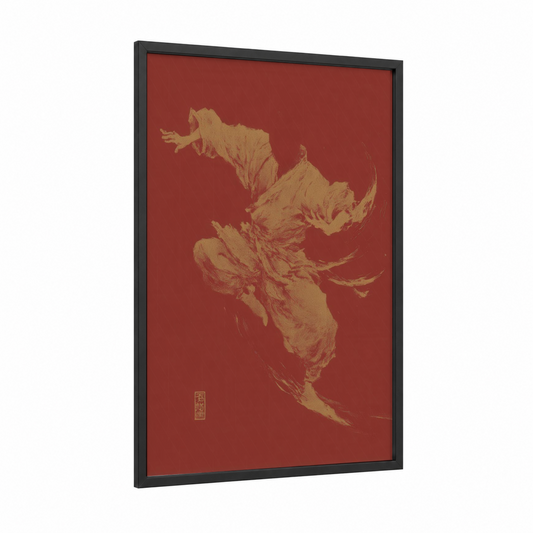 Dynamic Kung Fu framed art print — black wood frame — gold and maroon palette