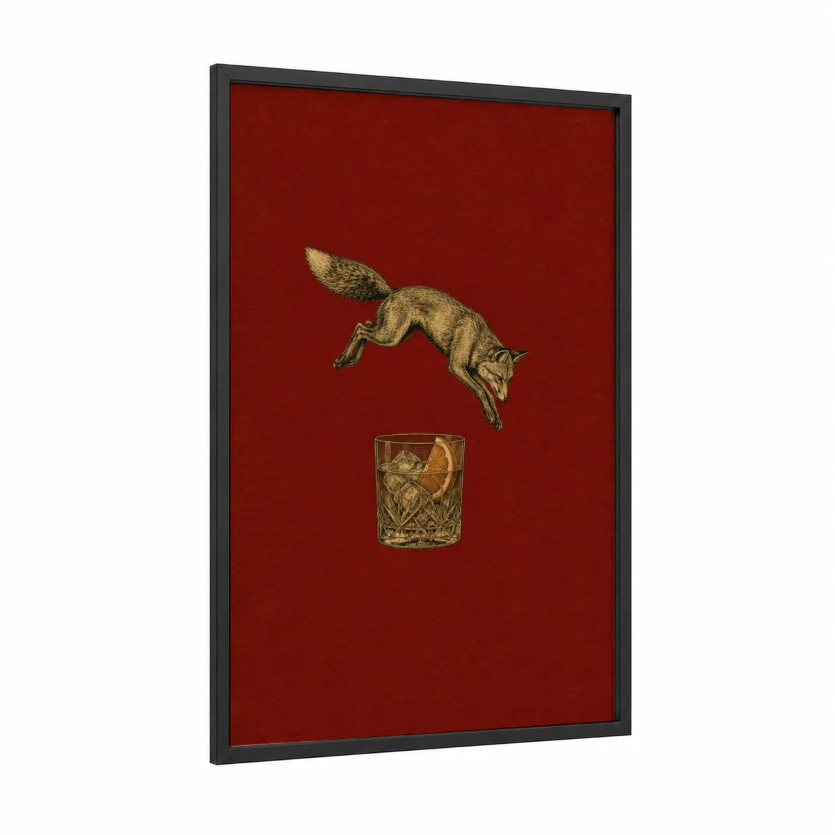 Fox Jumping Over Whiskey Cocktail Wall Art framed art print — black wood frame — red and gold palette