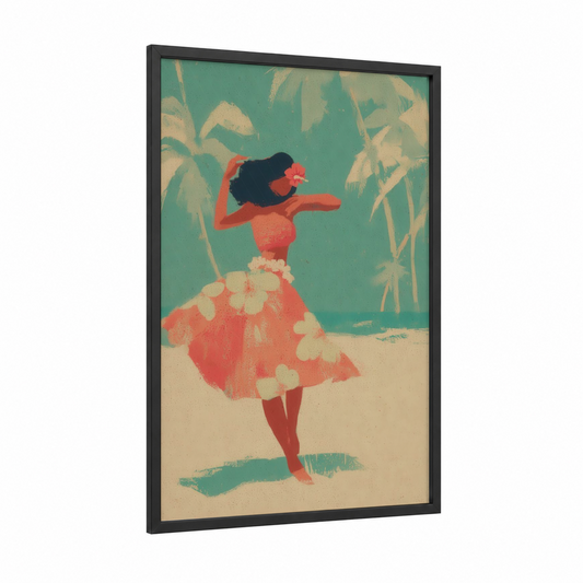 Tropical Hula Dancer framed art print — black wood frame — teal and salmon pink palette