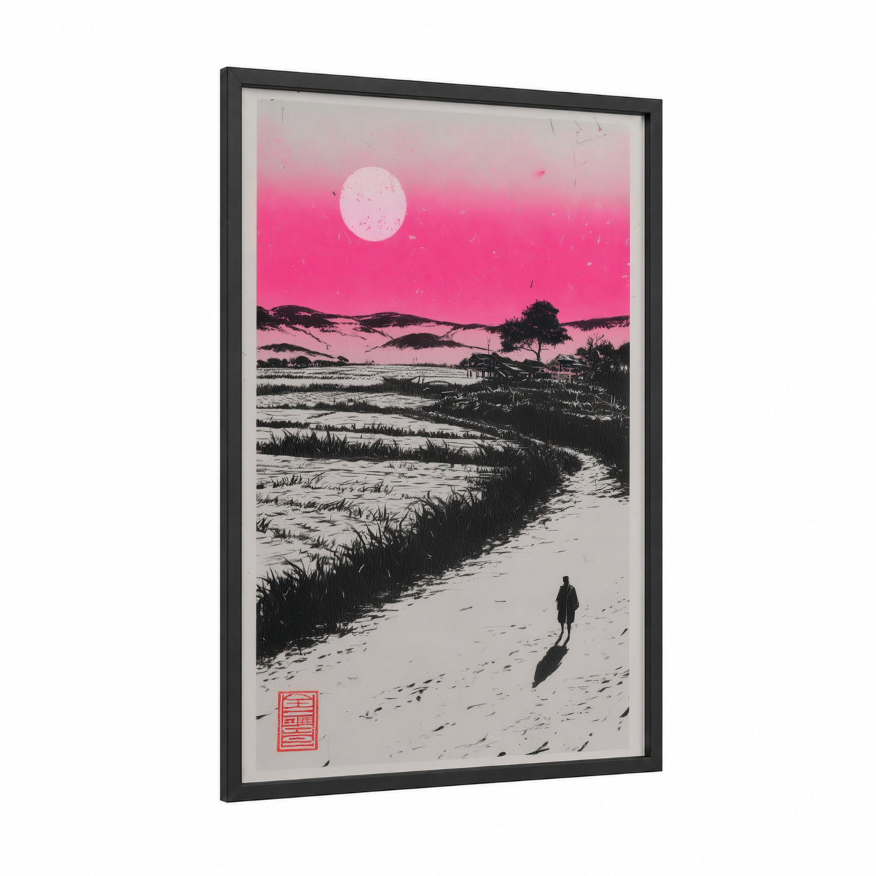 Pink Moon Solitude framed various landscapes print — black wood frame — magenta and black and white palette