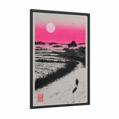 Pink Moon Solitude framed various landscapes print — black wood frame — magenta and black and white palette