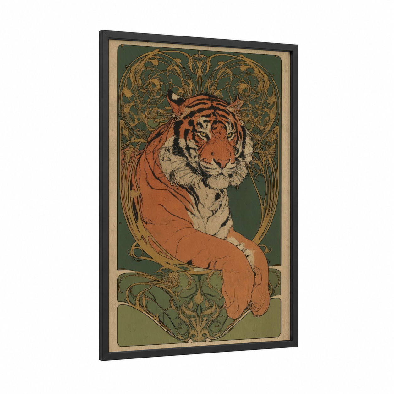 Regal Tiger Portrait framed art print — black wood frame — dark green and gold palette