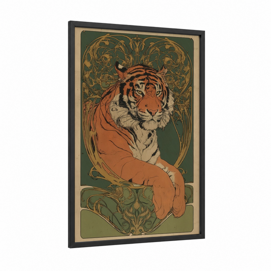 Regal Tiger Portrait framed art print — black wood frame — dark green and gold palette
