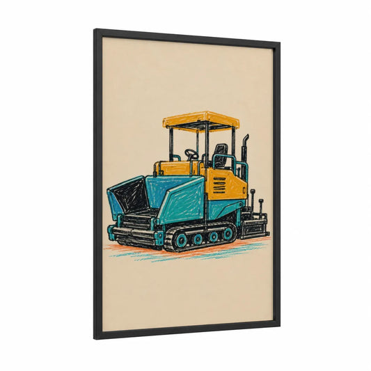 Industrial Paver Machine Wall Art framed art print — black wood frame — teal and gold palette