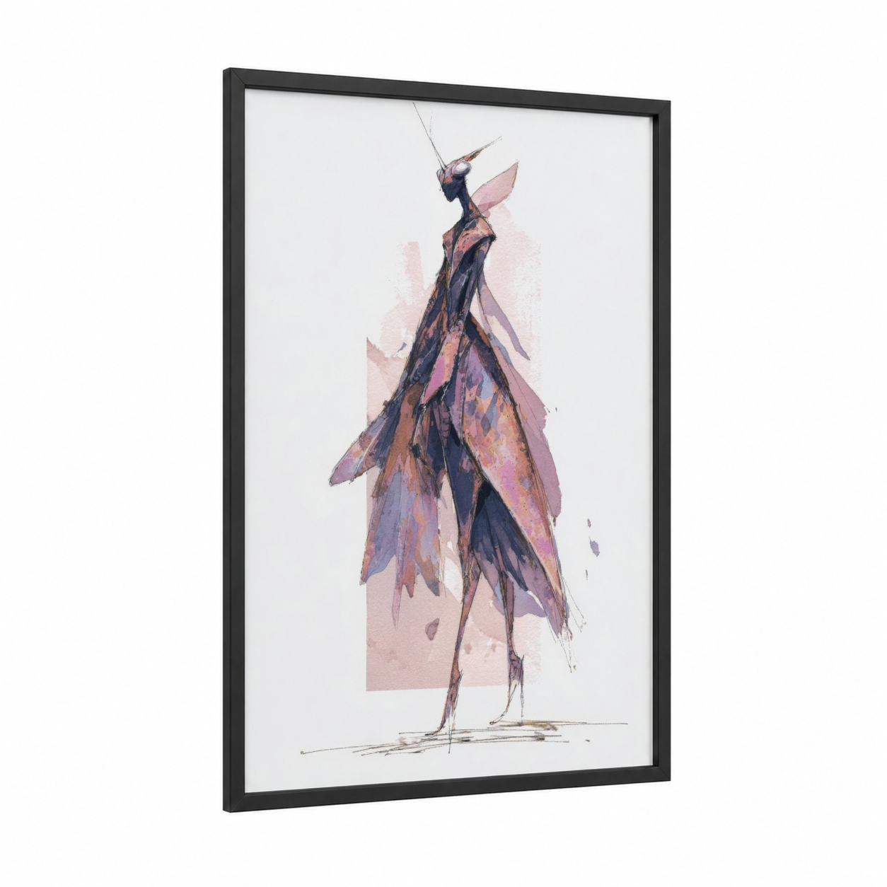 Ethereal Mantis framed prayin mantis print — black wood frame — rose gold and lavender palette