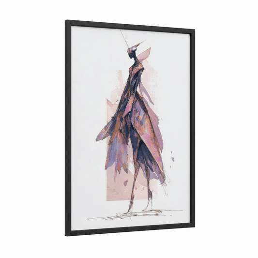 Ethereal Mantis framed prayin mantis print — black wood frame — rose gold and lavender palette