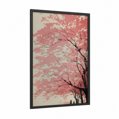 Rosy Blossom Tree framed cherry blossoms print — black wood frame — salmon pink and cream palette